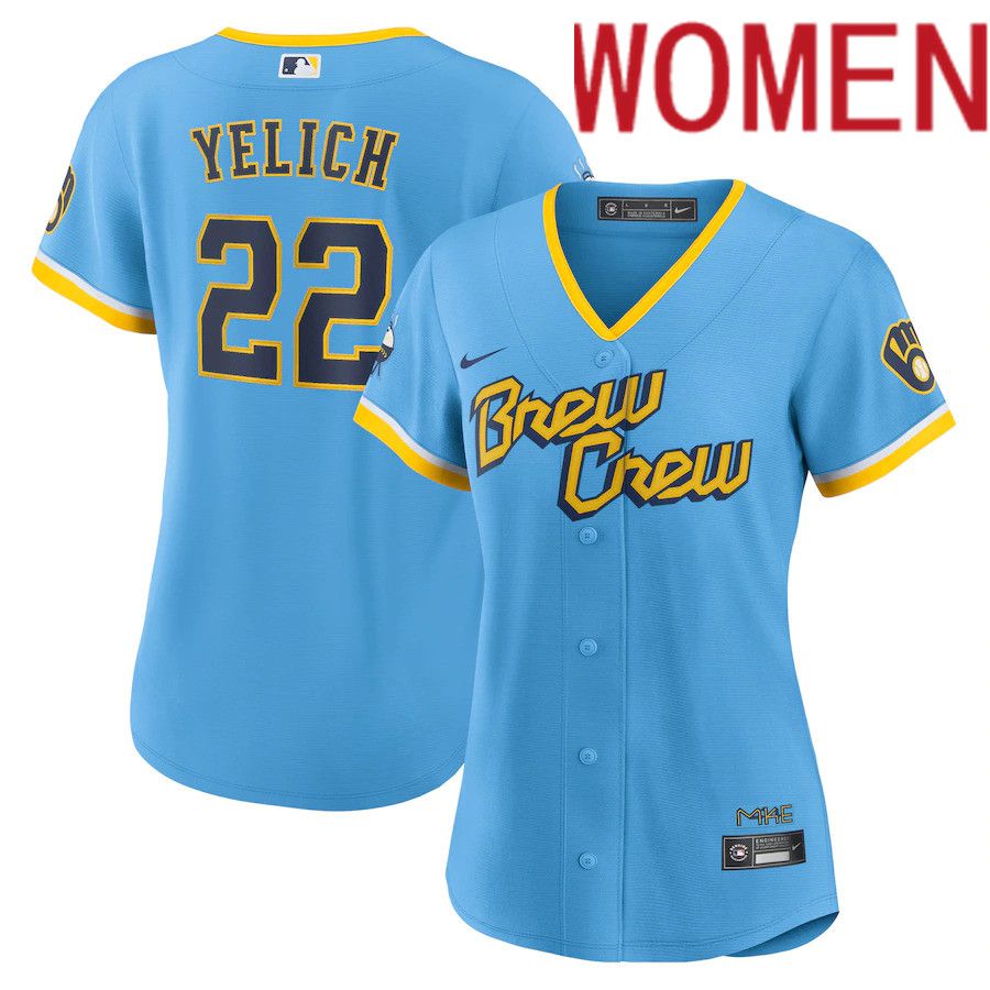 Custom Women Milwaukee Brewers #22 Christian Yelich Nike Powder Blue 2022 City Connect Replica Player MLB Jersey